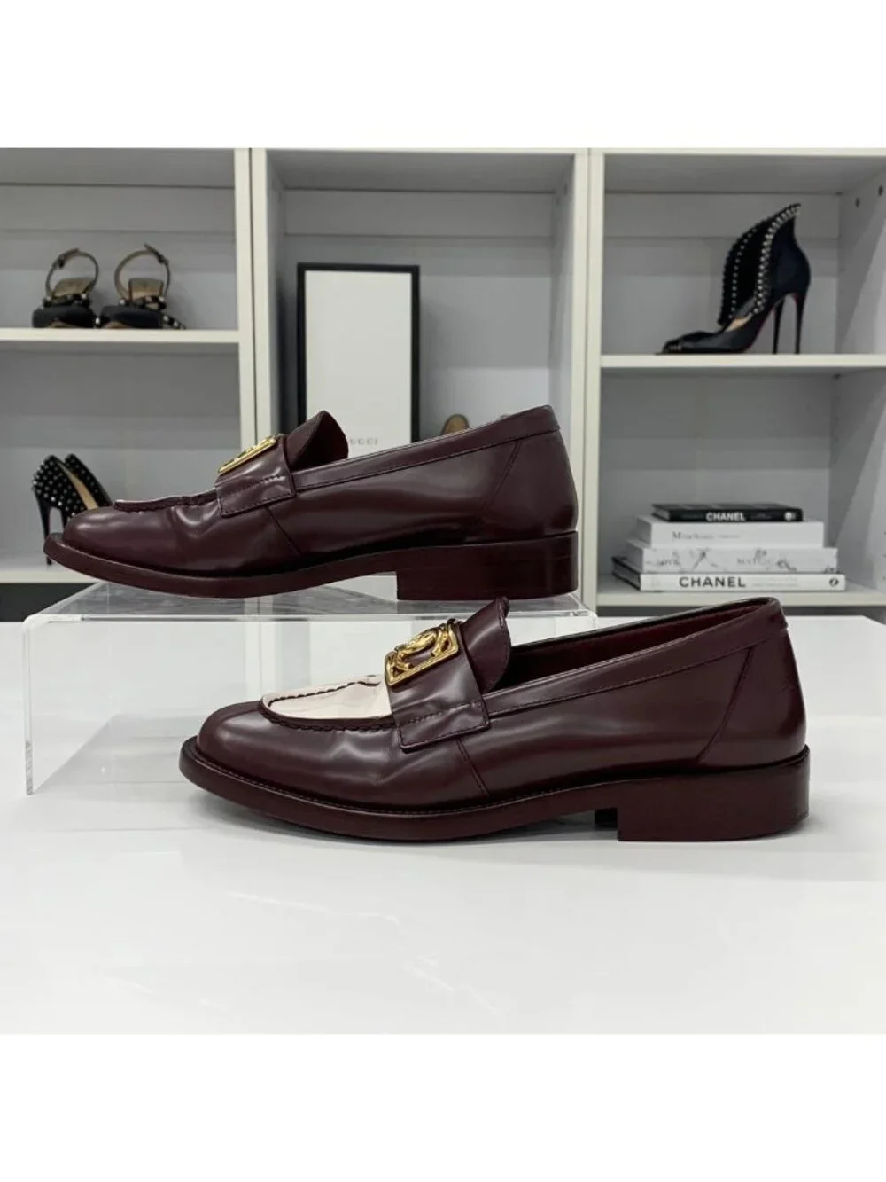Chanel CC Logo Leather Loafers Burgundy White
